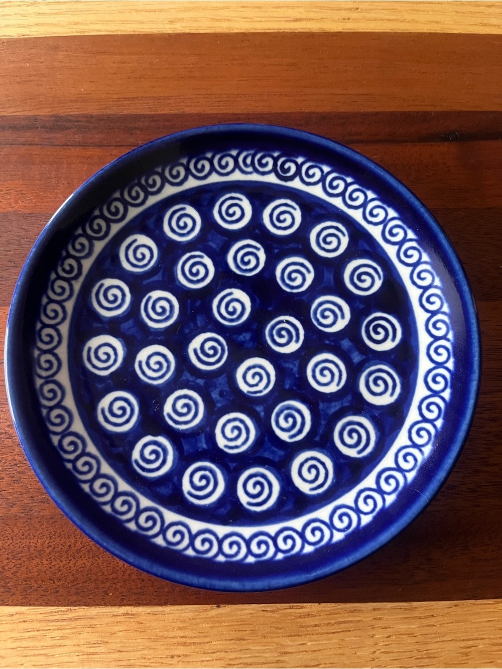 Boleslawiec Handmade Hand Painted Blue White Spiral Round Pottery Plate Poland
